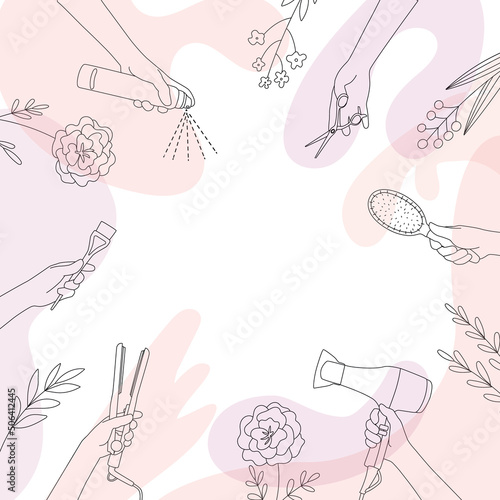 Frame of hairdressing tools in hands of stylist. Hair salon accessories, hair dryer, comb, scissors and abstraction. Template for design, information, business card