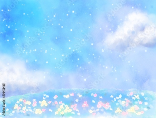 星空と花畑のイラスト　背景壁紙　水彩