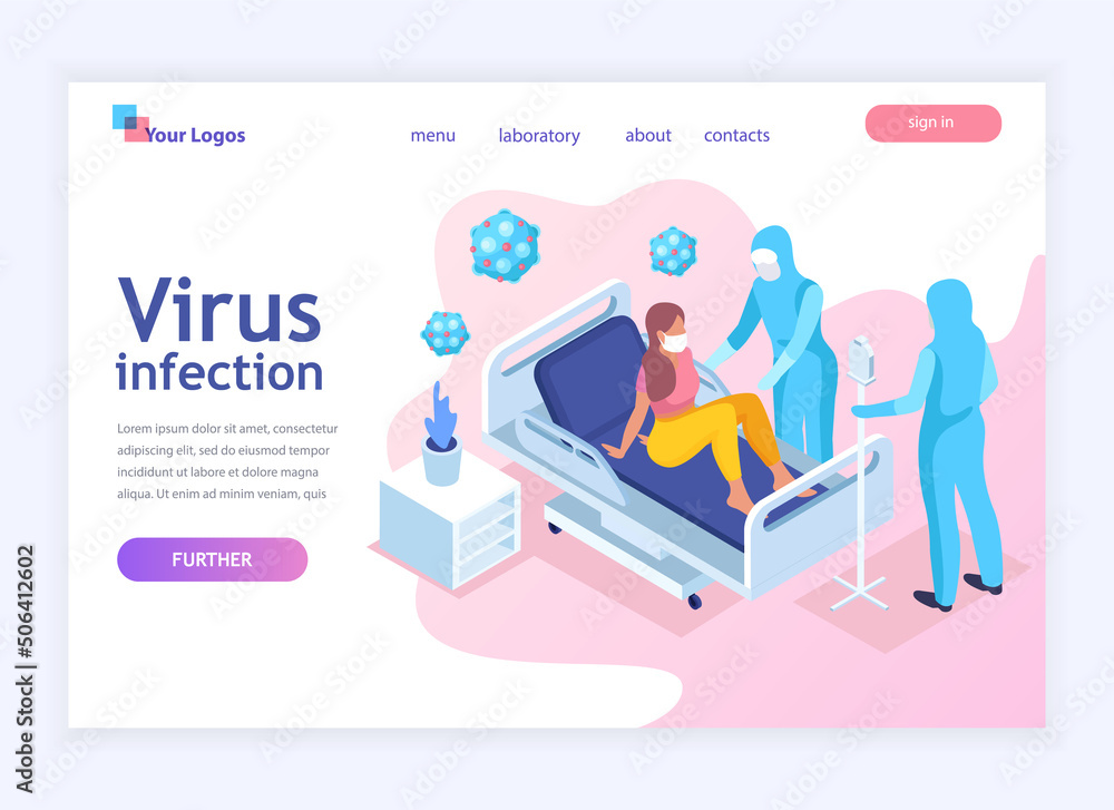 Virus diagnostics in hospital templates for websites etc. Medical workers in protection costumes during an epidemic and patients in a hospital bed. Modern isometric illustration.