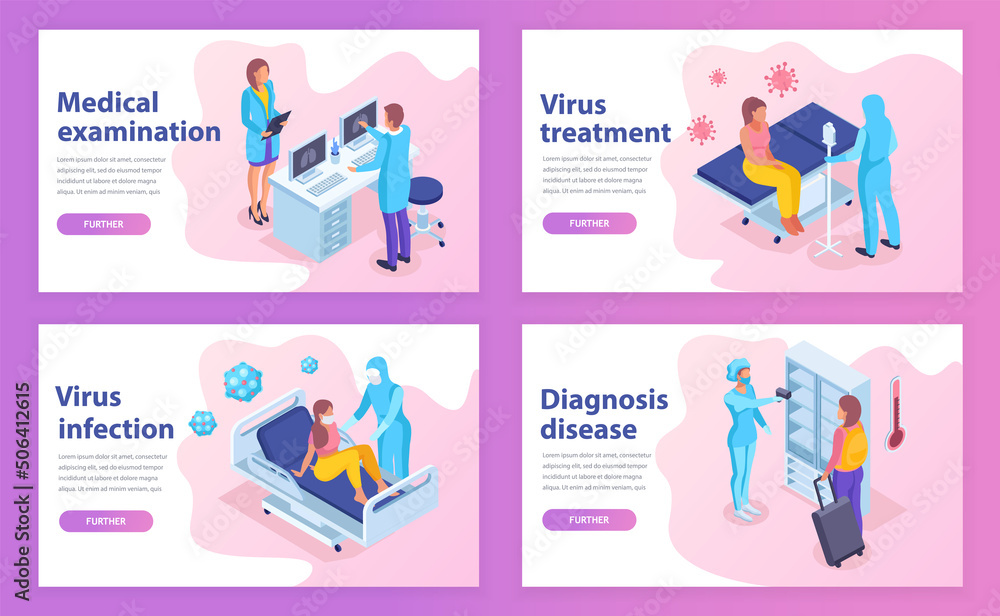 Virus diagnostics in hospital templates for websites etc. Medical workers in protection costumes during an epidemic and patients in a hospital bed. Modern isometric illustration.