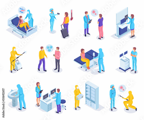 Virus diagnostics in hospital. Medical workers and patients. Isometric vector illustration showing virus prevention measures  protect medical workers during an epidemic  early diagnosis of the disease