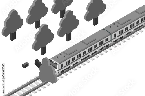 倒木により電車が止められて遅延しているモノクロのアイソメトリックイラスト、主線なし.