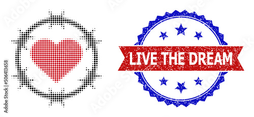 Halftone love jail icon, and bicolor dirty Live the Dream stamp. Halftone love jail icon is constructed with small round elements. Vector watermark with unclean bicolored style,