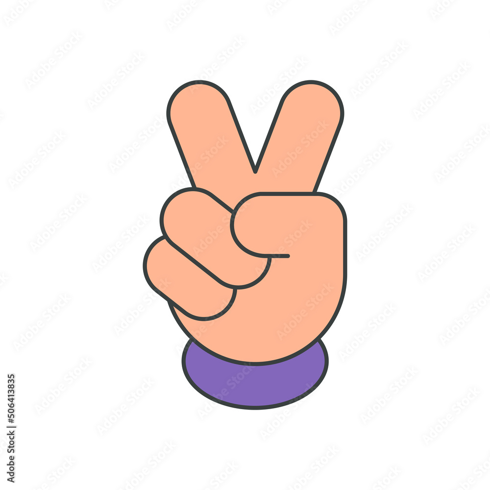 Human hand showing two fingers greeting gesture pop art groovy t shirt print vector cartoon Human hand showing two fingers greeting gesture pop art groovy t shirt print vector cartoon