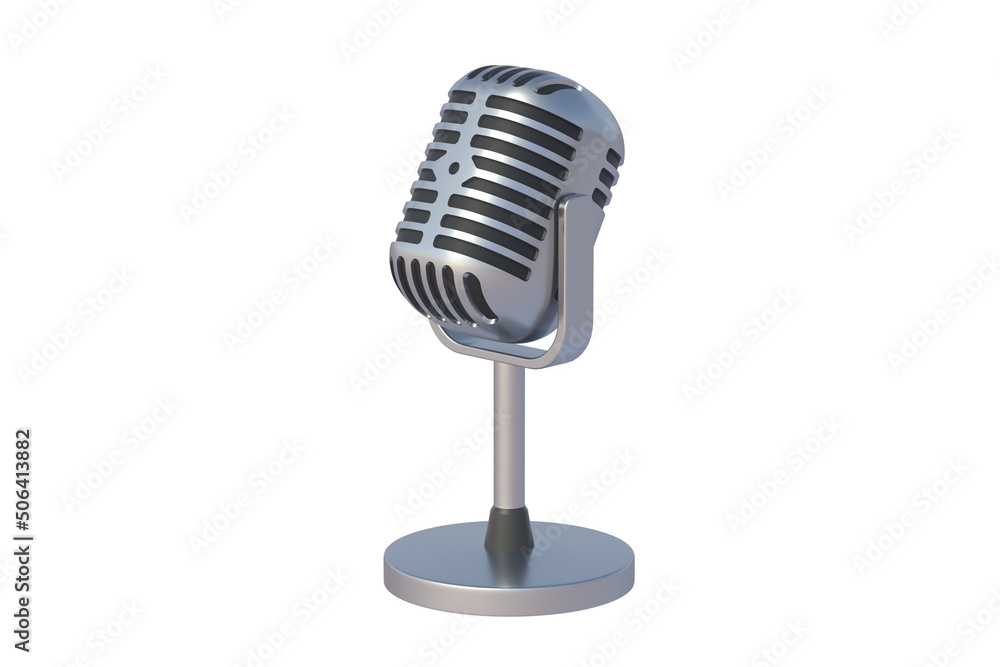 Fototapeta premium Vintage metallic microphone isolated on white background. 3d render