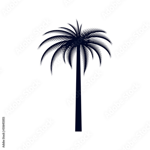 African Rainforest Coconut Tree or Tropical Palm Tree on White Backdrop. Simple Black Silhouette for Eco Floral Logotype Emblem in Retro Art, or Travel Logo Design