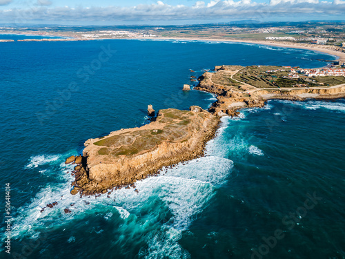 Aerial drone view of Peniche Portugal. Surfers City at Atlantic ocean coast