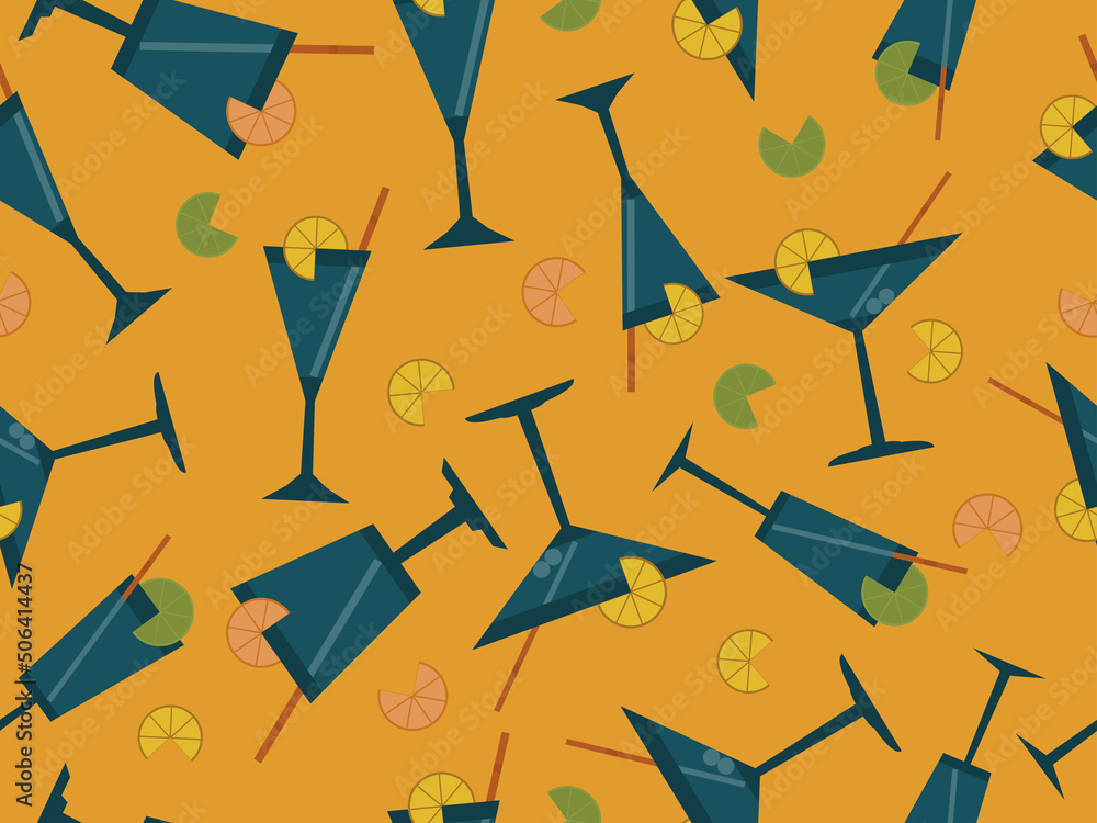 Cocktail with umbrellas seamless pattern in art deco style. Alcoholic