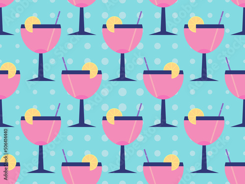 Cocktail with umbrellas 80s style seamless pattern. Alcoholic cocktails with umbrellas and orange slice. Design for bar menus, advertising materials and banners. Vector illustration