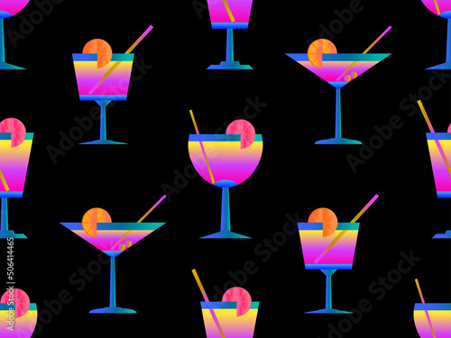 Cocktail with umbrellas 80s style seamless pattern. Alcoholic cocktails with umbrellas and lime slice. Design for bar menus, advertising materials and banners. Vector illustration