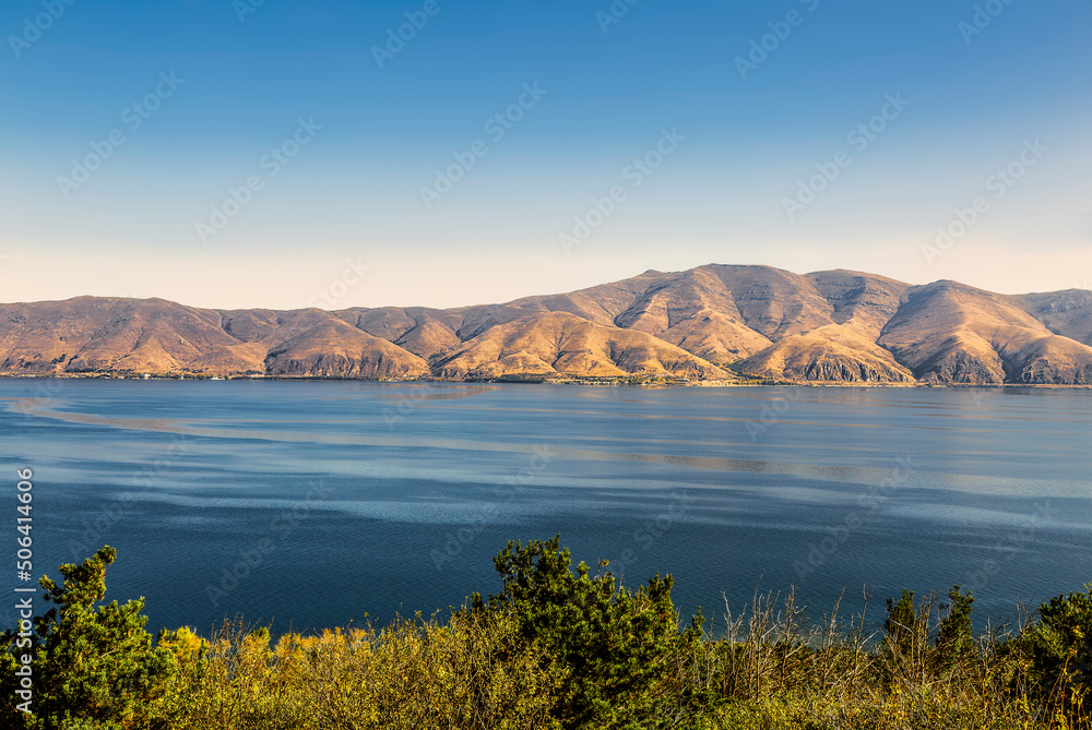 View of Lake Sevan and the mountains on the shore. Armenia