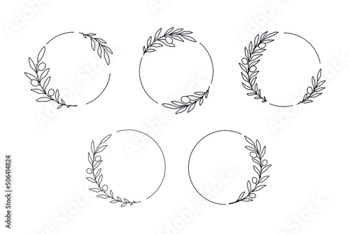 Set of hand drawn vector round frames with olives branches. Line art floral design with olives for invitations, logos, web, menu, greeting cards, posters, monograms, wedding decoration.