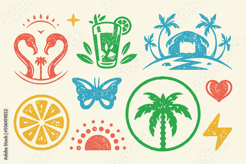 Summer symbols and objects set vector illustration. Glass of lemonade with beautiful butterfly