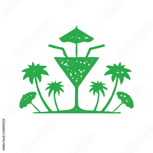 Green artwork summer couple cocktail in goblet with two straw and umbrella at tropical palm tree
