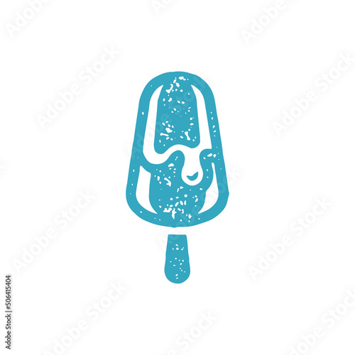 Blue appetizing melting ice cream frost dairy creamy dessert covered by chocolate on wooden stick