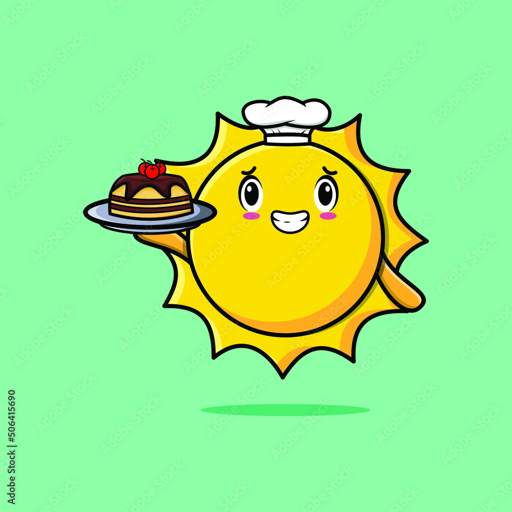 Cute Cartoon chef sun character serving cake on tray cute style design in 3d cartoon style concept Cute Cartoon chef sun character serving cake on tray cute style design in 3d cartoon style concept
