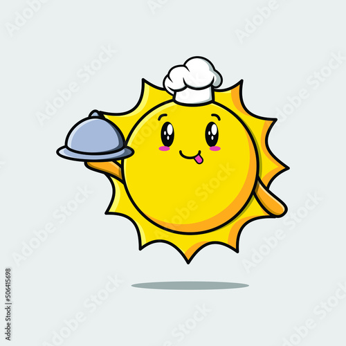 Cute Cartoon chef sun mascot character serving food on tray cute style design