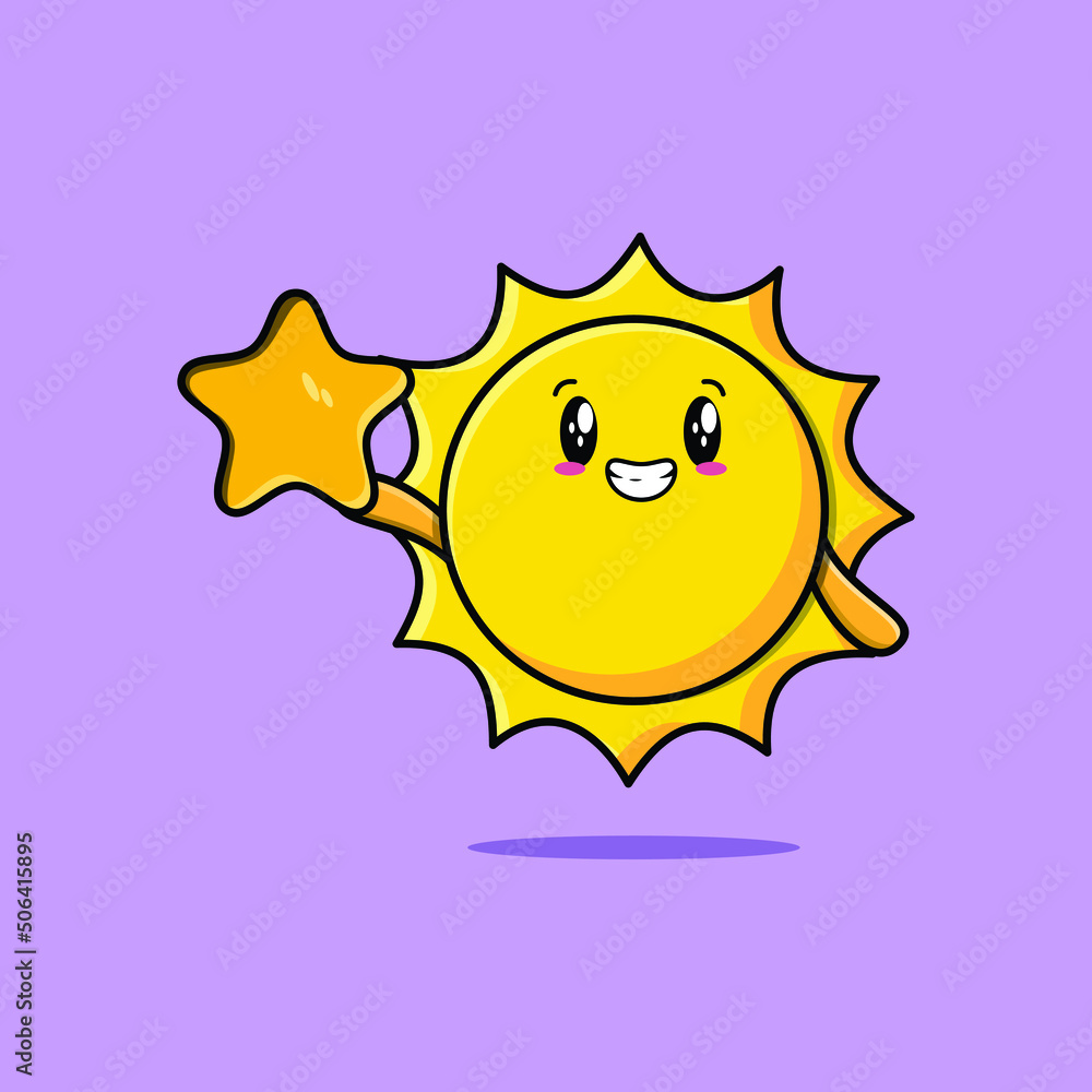 Cute cartoon sun character holding big golden star in cute modern style design