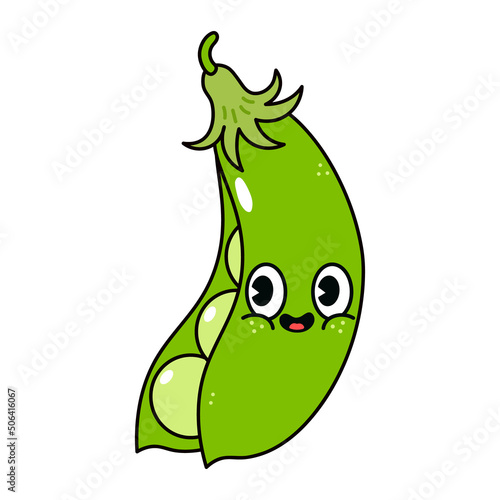Cute funny peas character. Vector hand drawn traditional cartoon vintage, retro, kawaii character illustration icon. Isolated on white background. Peas pod character concept