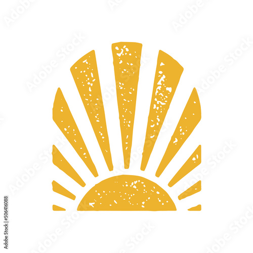 Abstract yellow half sun bright beams aesthetic bohemian artwork curved arch frame grunge texture
