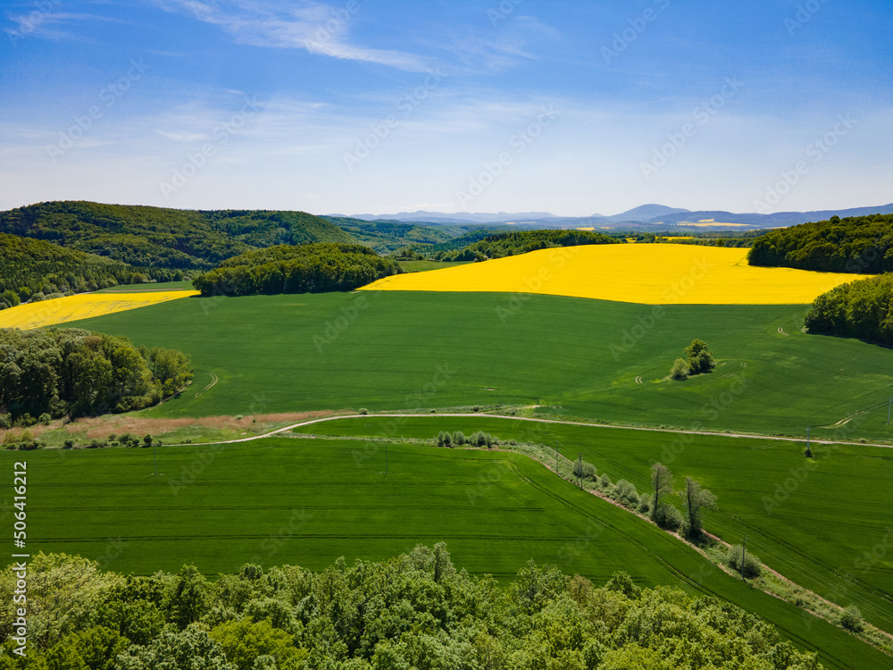 Aerial view of yellow rape fields in spring, Poland
