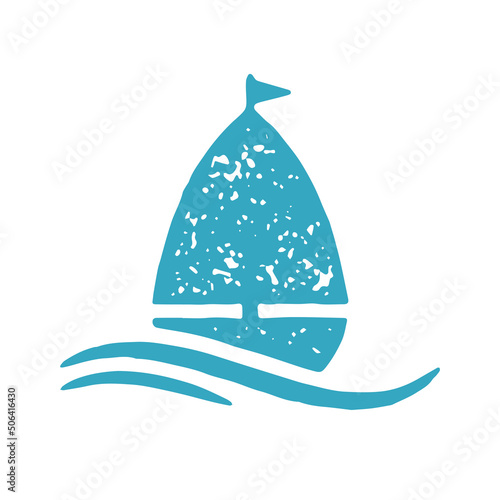 Cute sail boat floating surrounded by sea wave open water surface blue hand drawn grunge texture