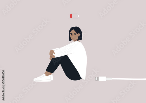 Body budget, a low battery conceptual illustration, a young exhausted female Caucasian character in need to restore the energy balance