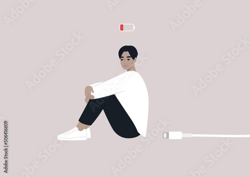 Body budget, a low battery conceptual illustration, a young exhausted male Asian character in need to restore the energy balance