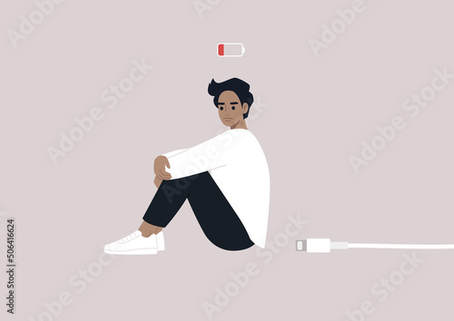 Body budget, a low battery conceptual illustration, a young exhausted male Caucasian character in need to restore the energy balance