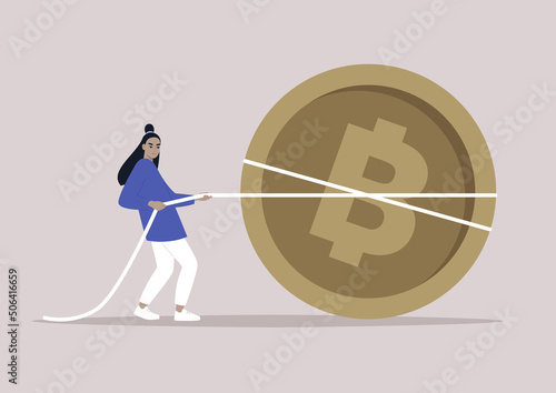 A crypto currency market: a young character pulling a giant golden bitcoin, a tug of war in business, a fundraising campaign