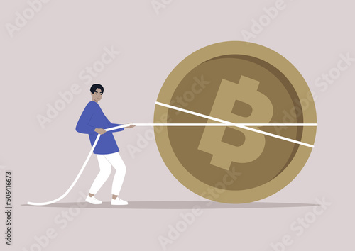 A crypto currency market: a young character pulling a giant golden bitcoin, a tug of war in business, a fundraising campaign