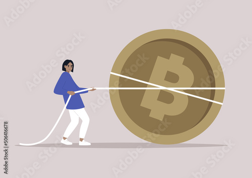 A crypto currency market: a young character pulling a giant golden bitcoin, a tug of war in business, a fundraising campaign