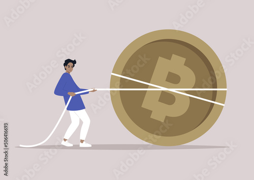 A crypto currency market: a young character pulling a giant golden bitcoin, a tug of war in business, a fundraising campaign
