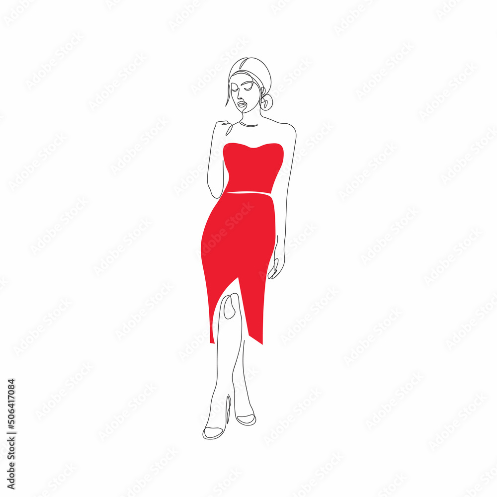 One line illustration. Woman in a dress. Single line art. Red dress One line illustration. Woman in a dress. Single line art. Red dress