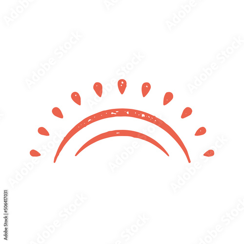 Simple childish red sun arch with dots abstract rays hand drawn grunge texture vector illustration