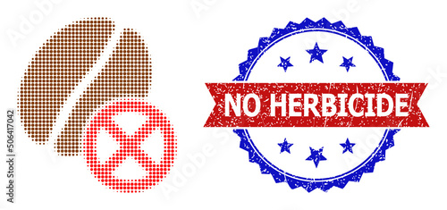 Halftone reject coffee bean icon, and bicolor grunge No Herbicide watermark. Halftone reject coffee bean icon is designed with small round dots. Vector seal with grunge bicolored style, photo