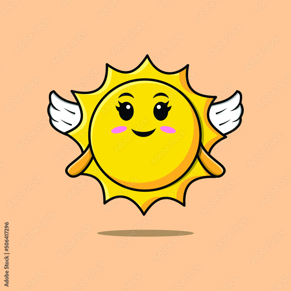 Cute cartoon sun character wearing wings in modern style design 