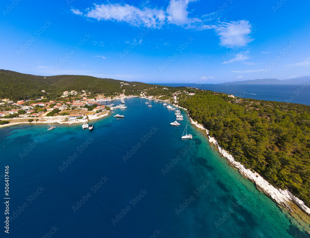 panoramic drone photo on Fiskardo village, cephalonia island,greece
