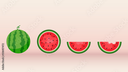 Watermelon and juicy slices vector set, flat design of green leaves and watermelon flower illustration, Fresh and juicy fruit concept of summer food.