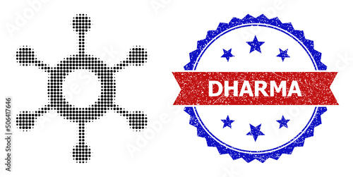 Halftone central connection icon, and bicolor textured Dharma seal. Halftone central connection icon is generated with small round dots. Vector seal with distress bicolored style,