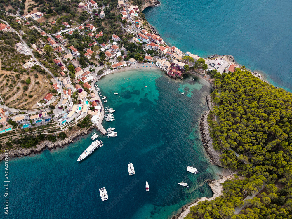 drone photography with spectacular panoramic view of ASSOS village, kefalonia island, greece