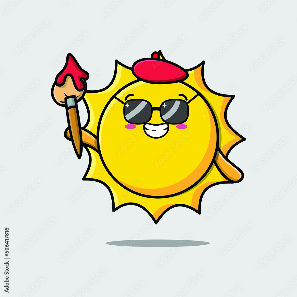 Cute cartoon character Sun painter with hat and a brush to draw in cute design style design 