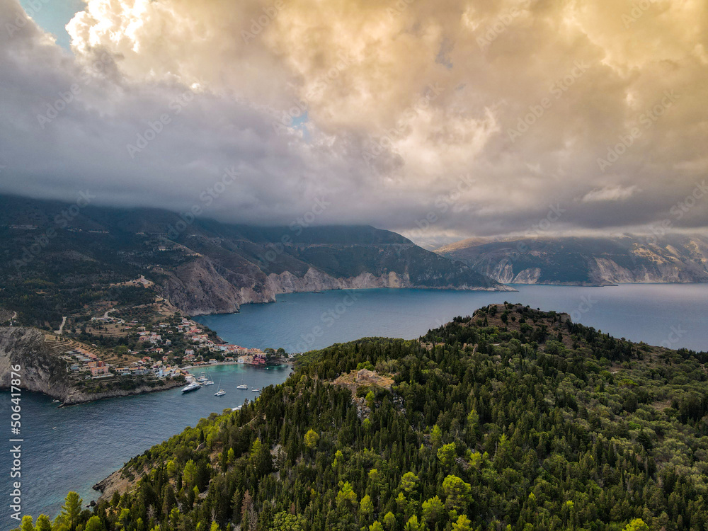 panoramic view of Assos, cephalonia island, greece by drone