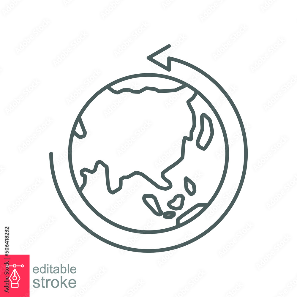 Earth globe icon. Simple outline style. Around planet with arrow. Thin line symbol. Vector illustration isolated on white background. Editable stroke EPS 10. Earth globe icon. Simple outline style. Around planet with arrow. Thin line symbol. Vector illustration isolated on white background. Editable stroke EPS 10.