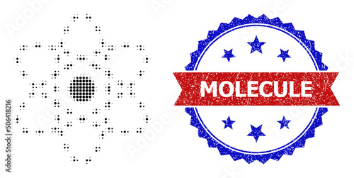 Halftone atom model icon, and bicolor grunge Molecule seal stamp. Halftone atom model icon is designed with small round items. Vector watermark with grunge bicolored style,