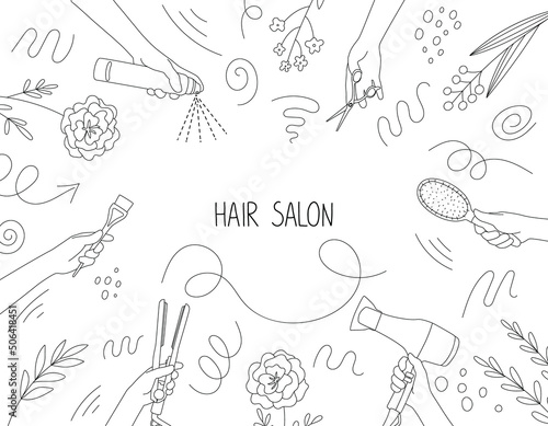 Frame of hairdressing tools in hands of stylist. Hair salon accessories, hair dryer, comb, scissors and doodle. Template for design, information, business card © kat