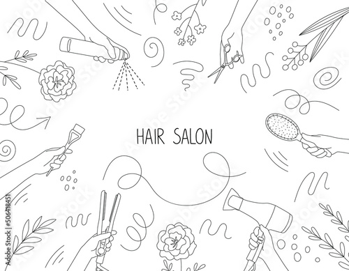 Frame of hairdressing tools in hands of stylist. Hair salon accessories, hair dryer, comb, scissors and doodle. Template for design, information, business card