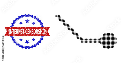 Halftone circuit link icon, and bicolor rubber Internet Censorship seal. Halftone circuit link icon is generated with small spheric elements. Vector seal with grunge bicolored style,