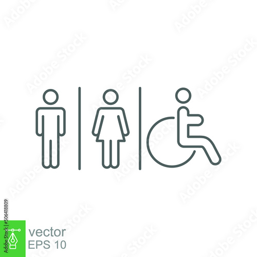 Male, female, handicap toilet sign icon. WC, unisex bathroom concept. Vector illustration isolated on white background. EPS 10.