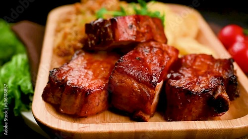 Barbecue pork ribs as main dish at restaurant.